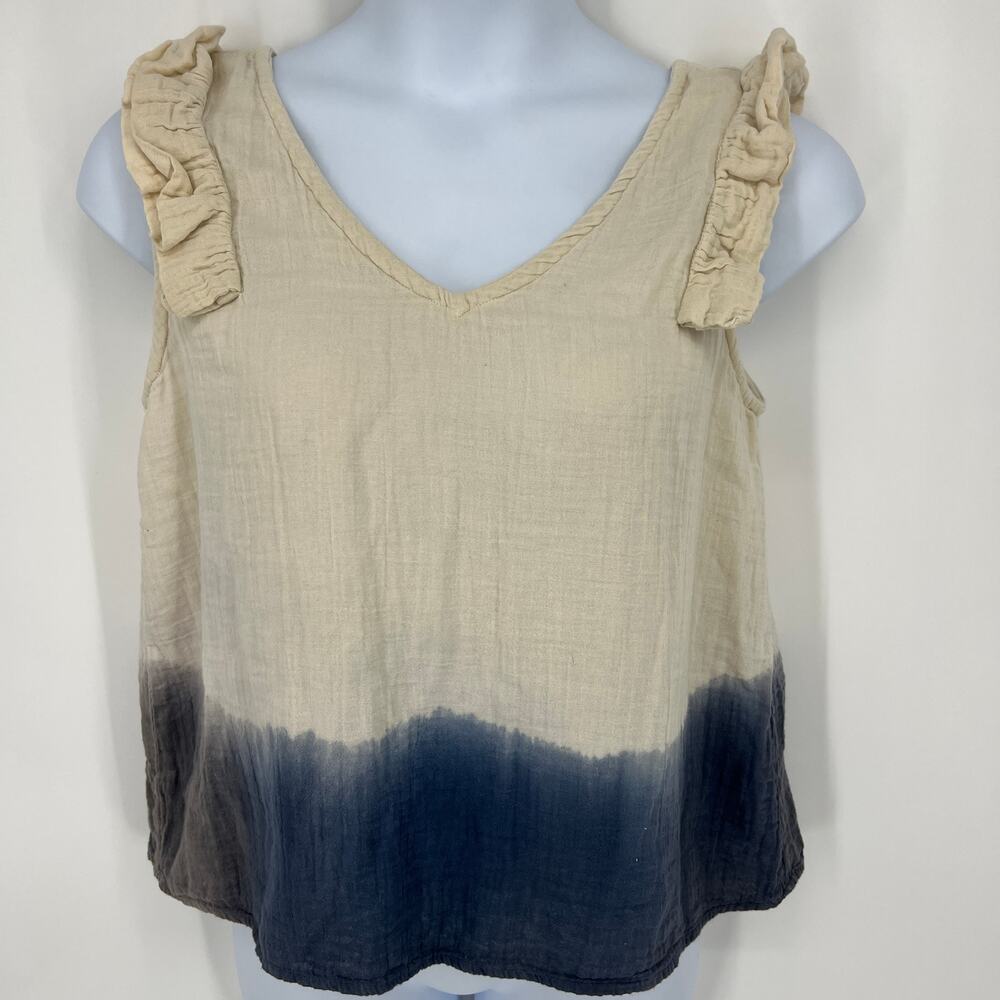 THML Womens Talca Gauze Blue and Cream Ombre Dyed Sleeveless Ruffle Top Size L